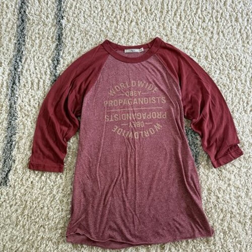 Obey Propaganda 3/4 Sleeve Heathered red Raglan Baseball TShirt Men's Size M